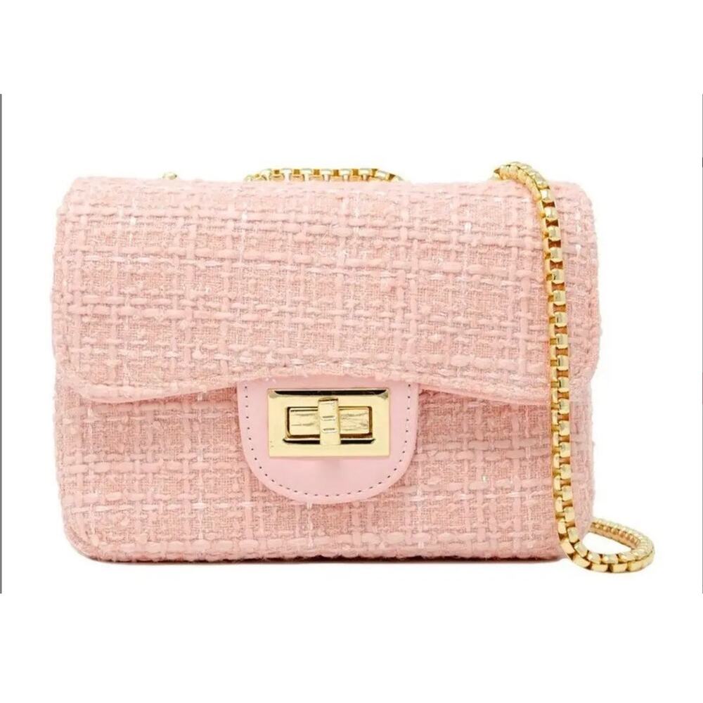 Zomi Gems Tiny Treats Classic Tweed Mini Crossbody Bag Pink with Gold Chain NWOT